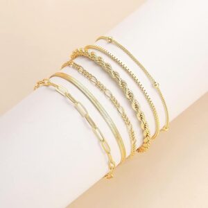 KIANABYKASHI  Gold Plated Bracelet Set Rope Figaro Paperclip Snake Herringbone & Beads Chain Hand Jewelry for Women – Set of 6